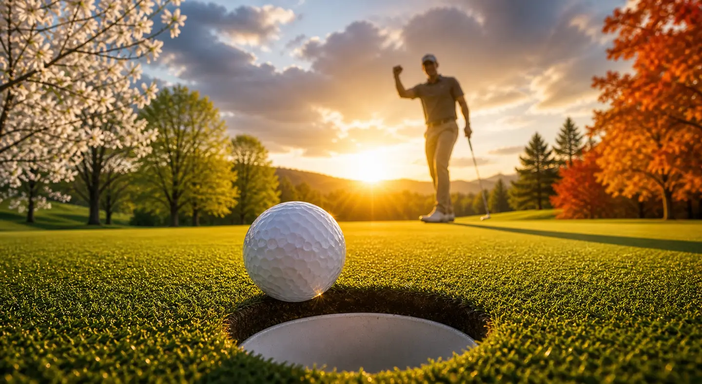 PPA Tour — golf ball at the cup edge with a player celebrating against a sunset, spring blossoms and autumn foliage flanking the green
